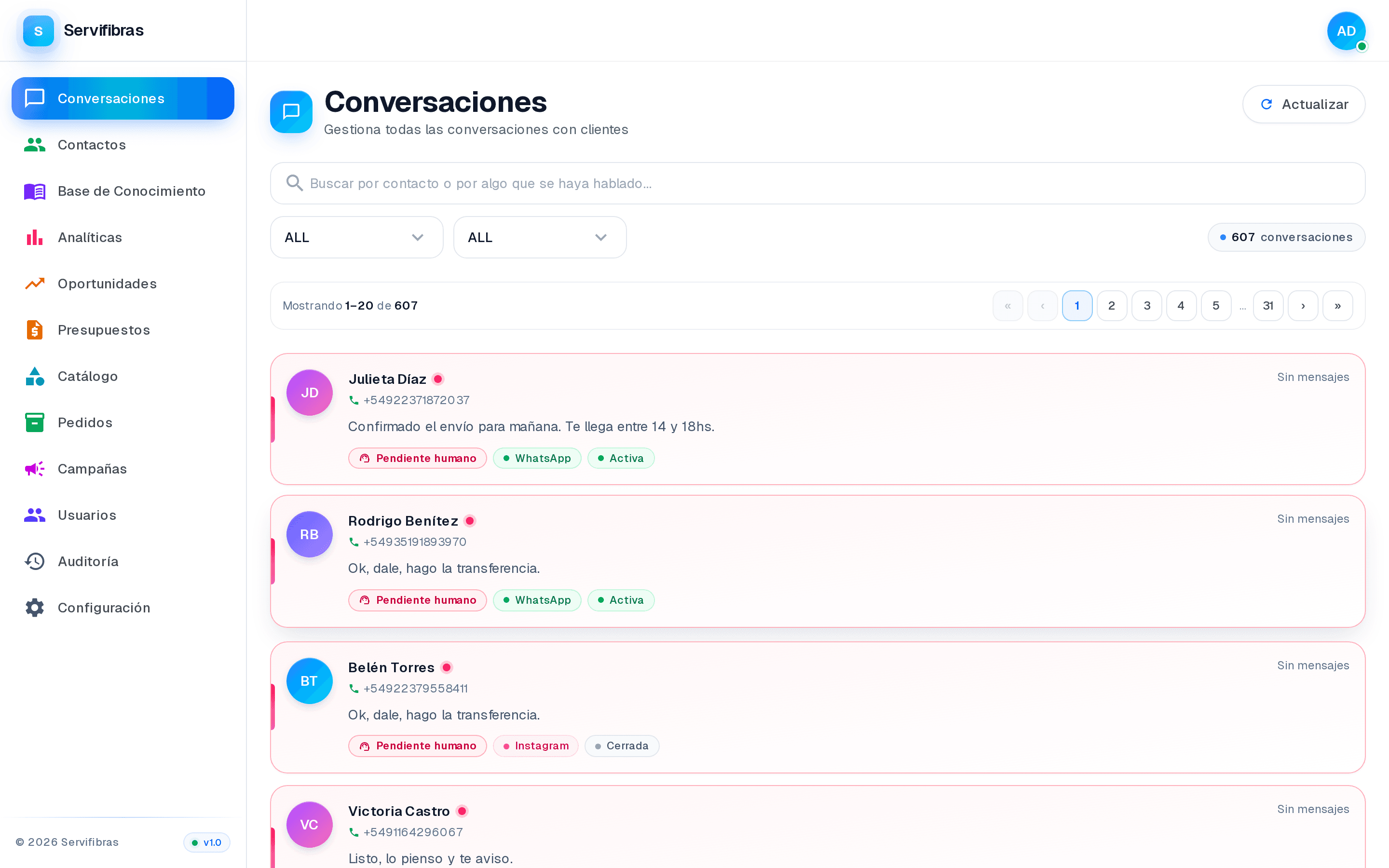 Bandeja de conversaciones de Servifibras