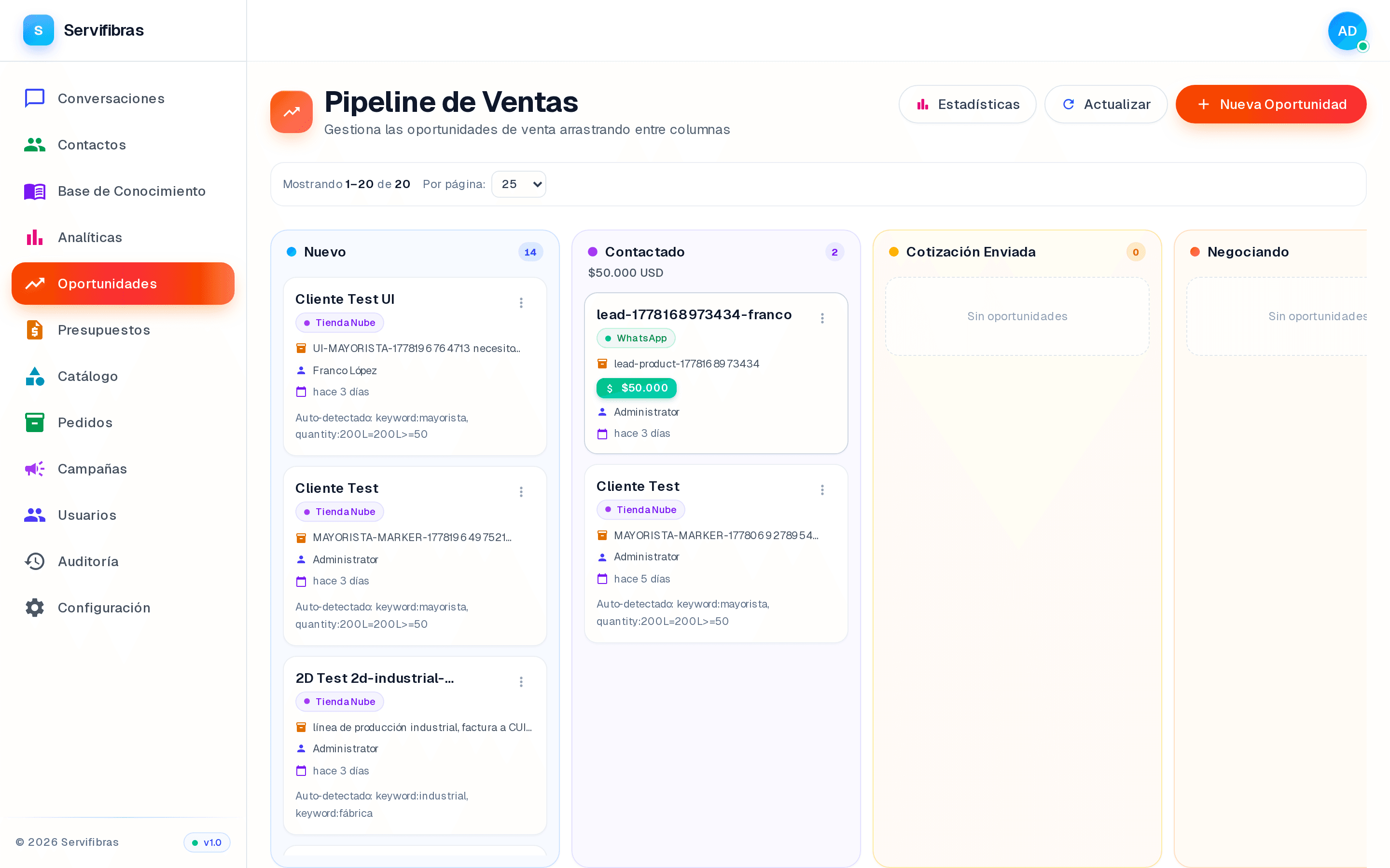 Pipeline kanban de oportunidades