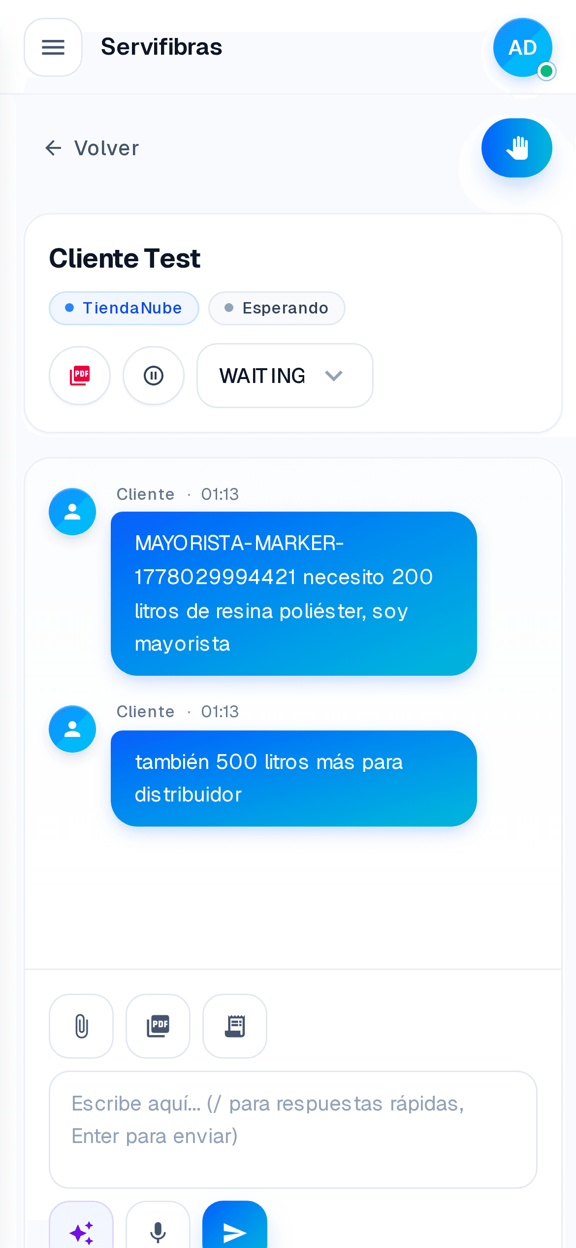 Servifibras en móvil — chat real con cliente