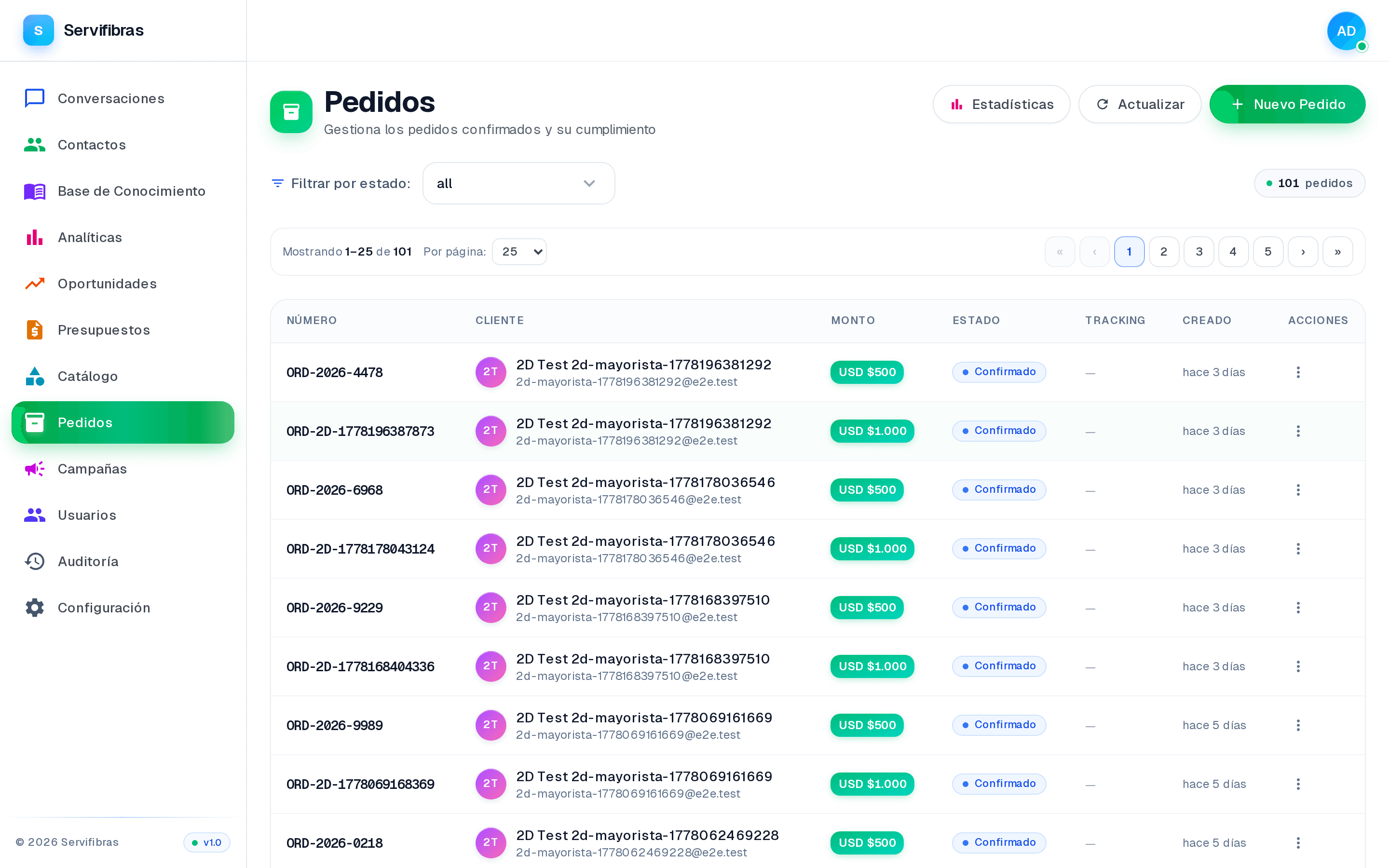 Lista de pedidos y estados de entrega