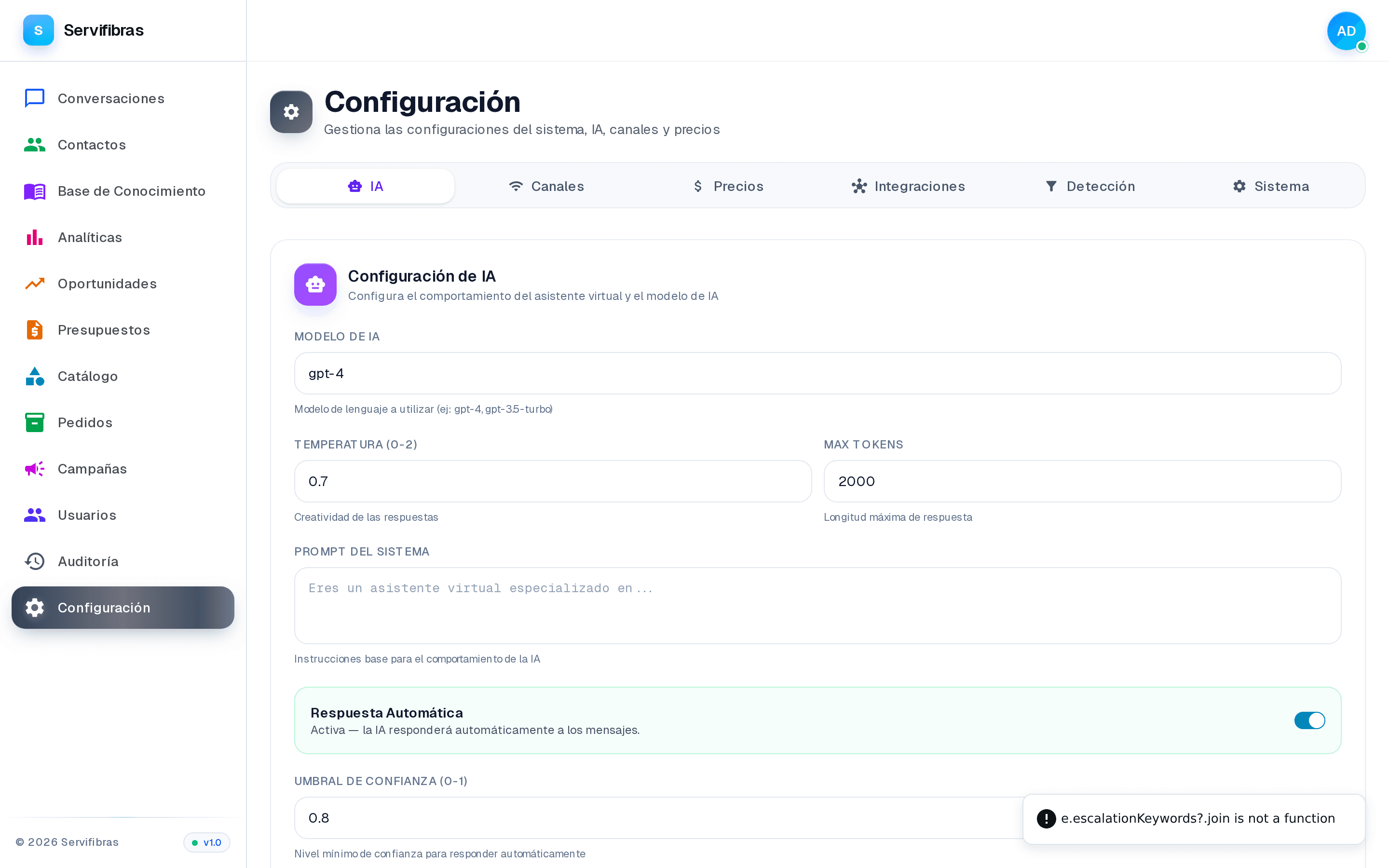 Panel de configuración
